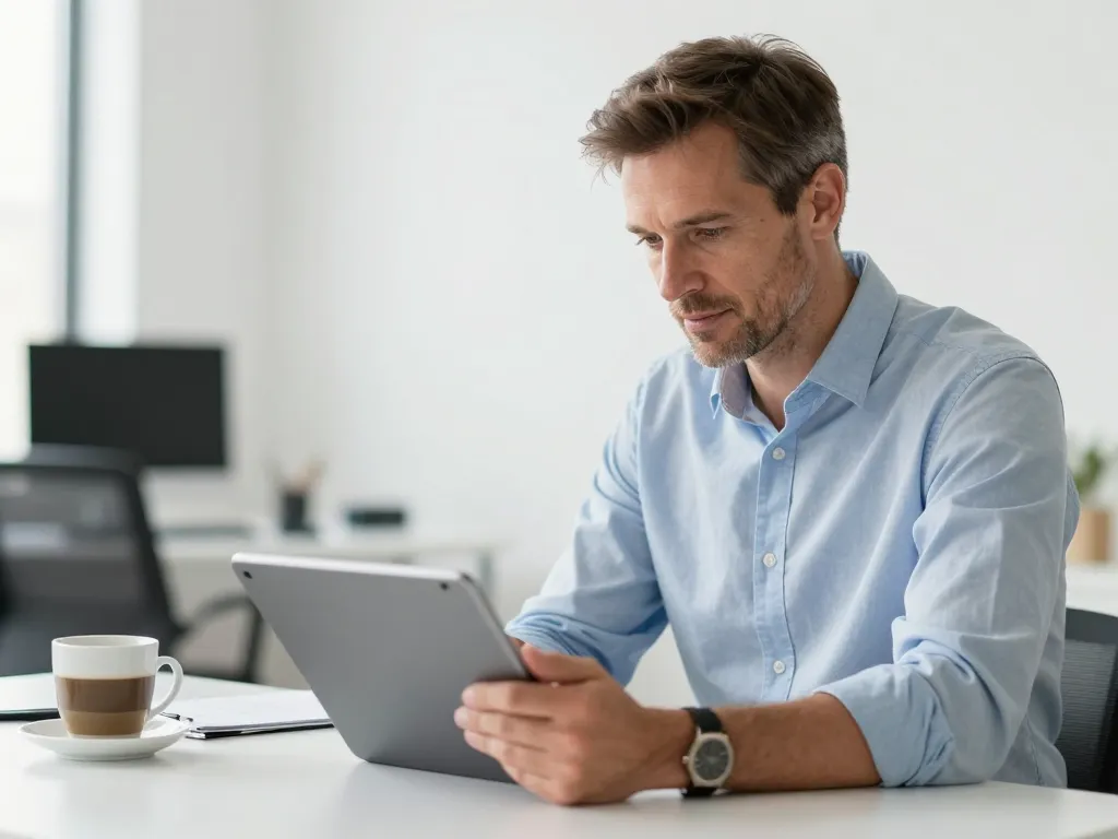 Portrait réaliste de Marc, un dirigeant d'entreprise caucasien, utilisant une tablette dans un bureau moderne pour acheter du bitcoin pour sa société.