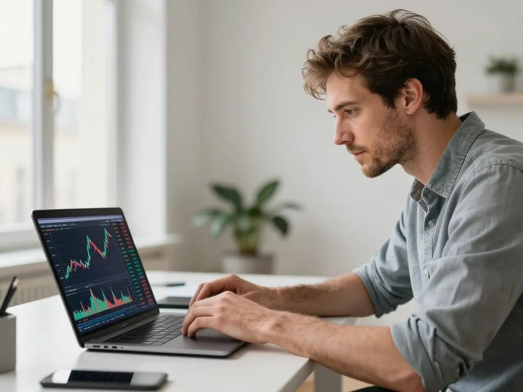 Un investisseur caucasien analyse les dernières actualités et graphiques Bitcoin sur son ordinateur pour optimiser ses gains financiers.