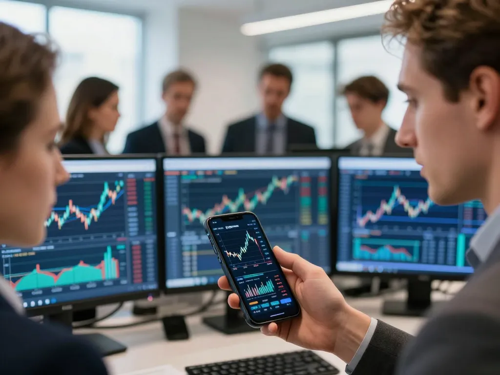 Investisseurs européens analysant les graphiques du marché Bitcoin en temps réel dans un bureau moderne.