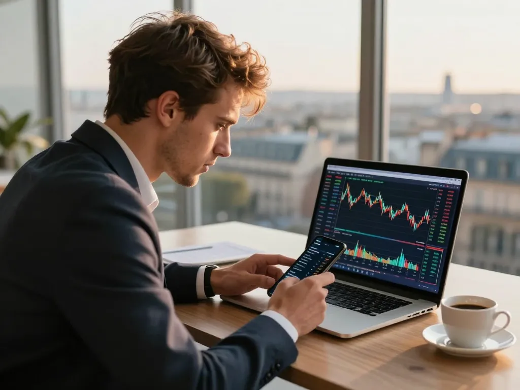 Un investisseur européen caucasien concentré sur les actualités crypto et les graphiques de trading pour maximiser ses gains financiers.