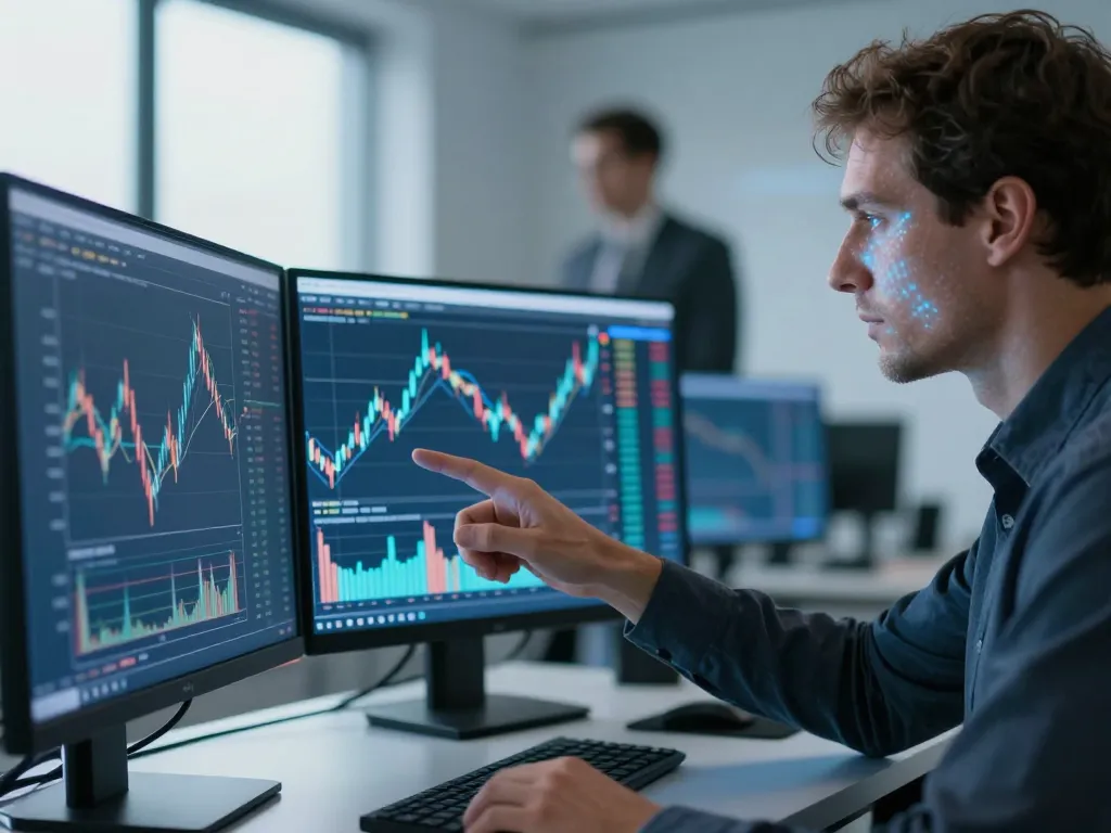 Analyste financier caucasien étudiant un graphique dynamique et interactif du cours du Bitcoin dans un bureau moderne.