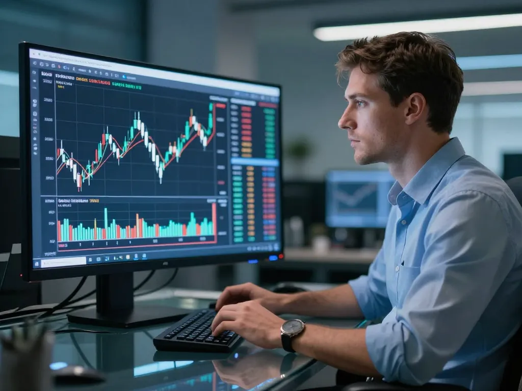 Un analyste financier européen analysant un graphique détaillé du cours du Bitcoin sur plusieurs écrans haute technologie.