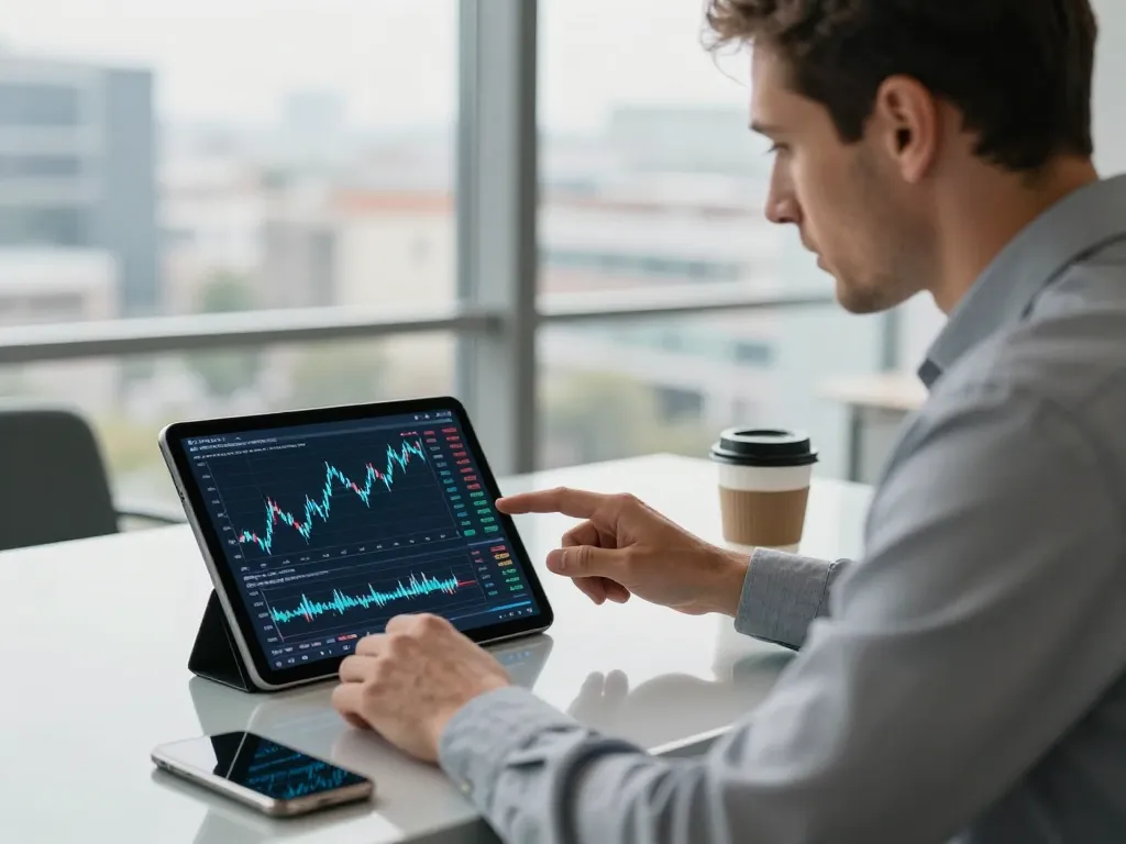 Un trader européen analyse attentivement l'évolution du cours Bitcoin Euro sur des graphiques numériques dans un bureau moderne.