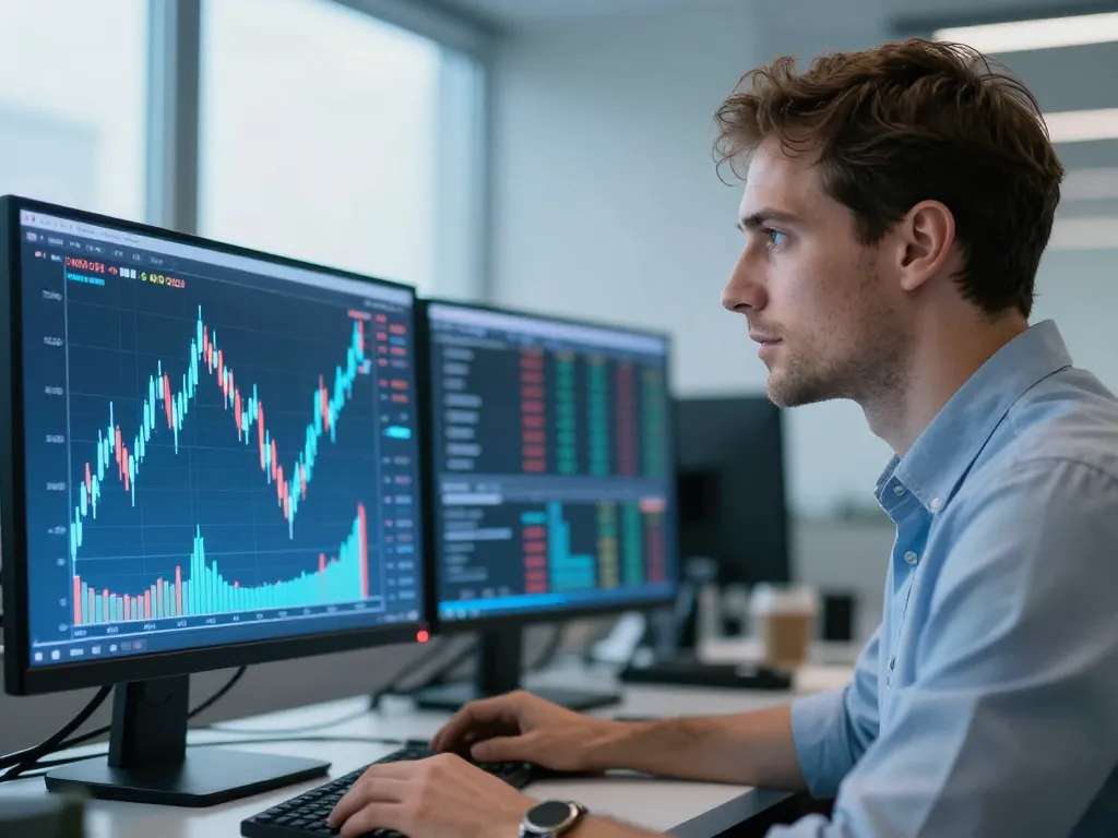 Un analyste financier caucasien observant un graphique de tendance du prix du Bitcoin pour 2026 dans un bureau moderne.