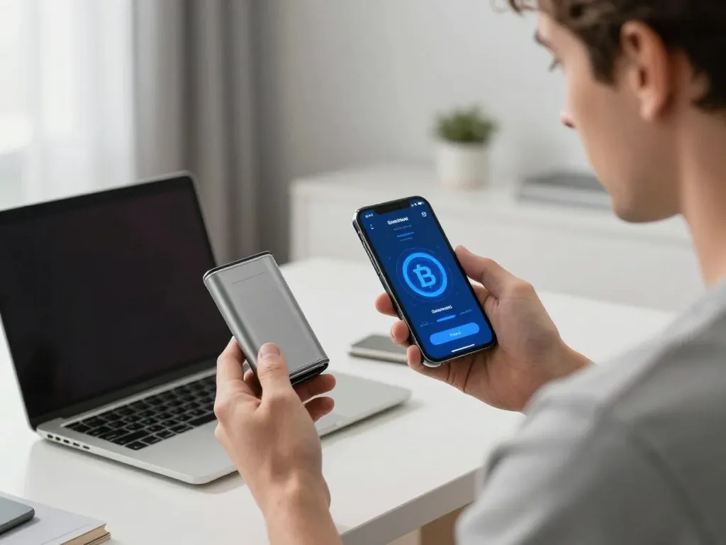 Un homme caucasien comparant un portefeuille matériel physique et une application mobile de cryptomonnaie pour illustrer la sécurité numérique.