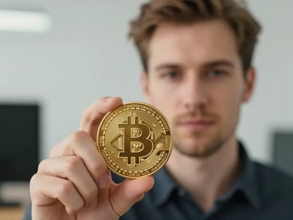 Un homme caucasien réaliste tenant une pièce de Bitcoin 3D dorée dans un environnement technologique moderne pour expliquer le fonctionnement de la cryptomonnaie.