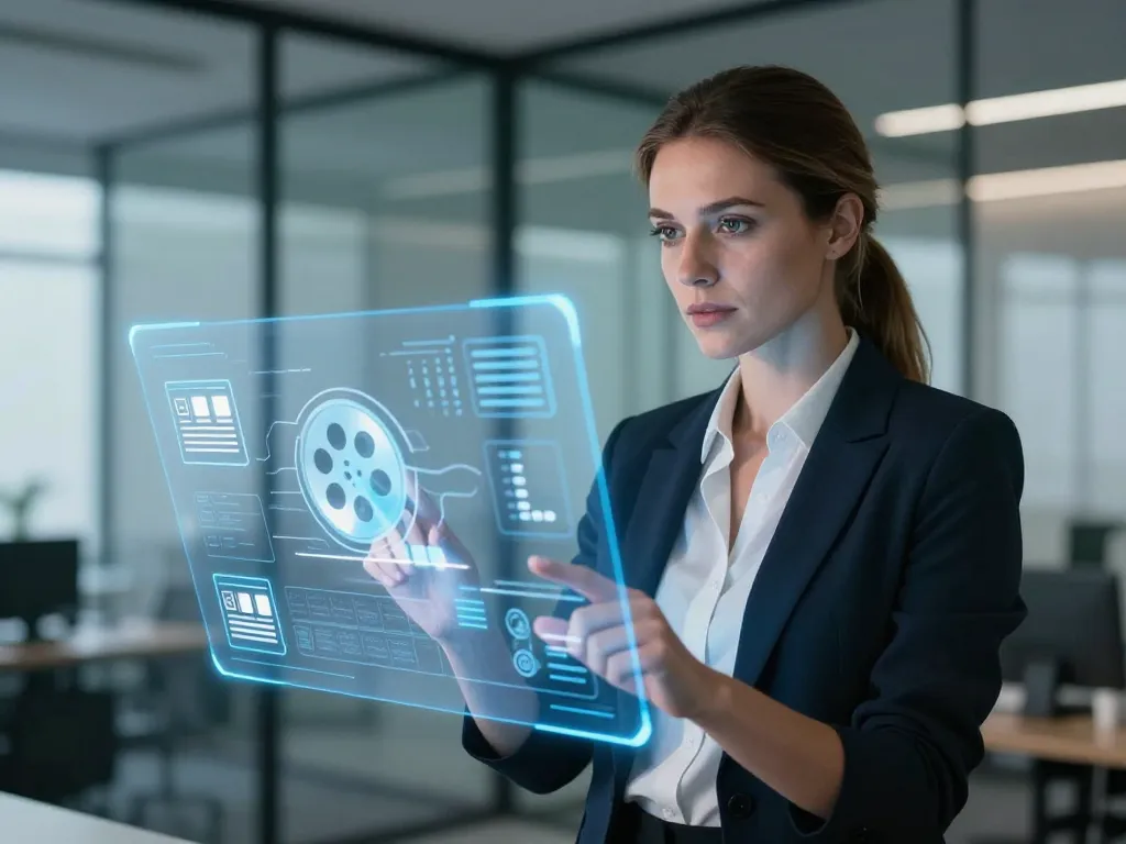 Femme d'affaires caucasienne consultant un annuaire numérique interactif mêlant administration et cinéma dans un bureau moderne.