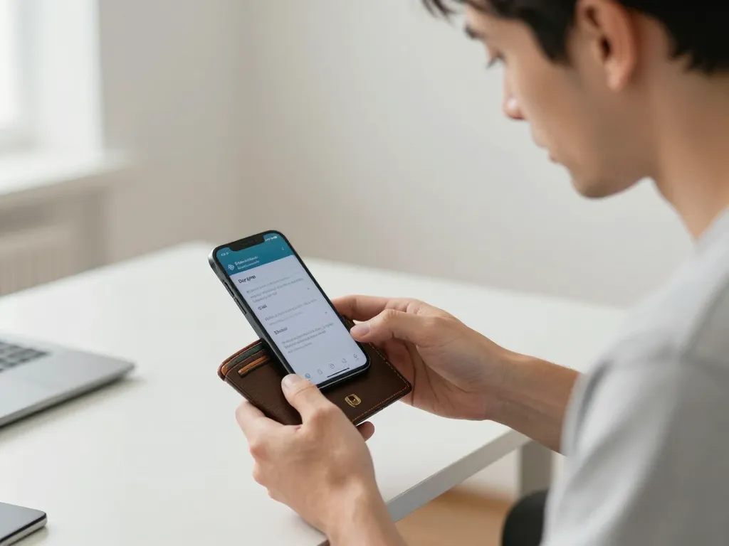 Un homme caucasien analysant un portefeuille matériel sécurisé et l'interface d'une application de cryptomonnaie sur son smartphone.