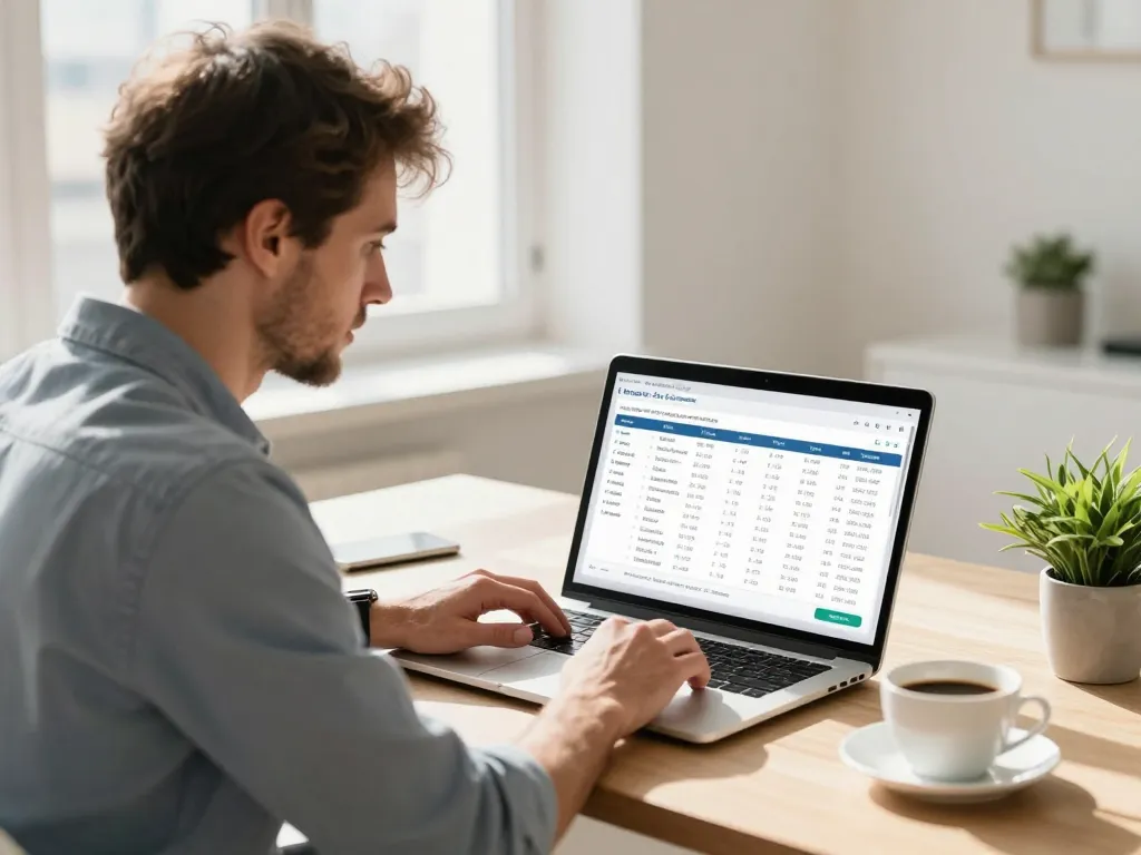 Un homme caucasien serein utilisant une interface de gestion fiscale pour cryptomonnaies dans un bureau lumineux.