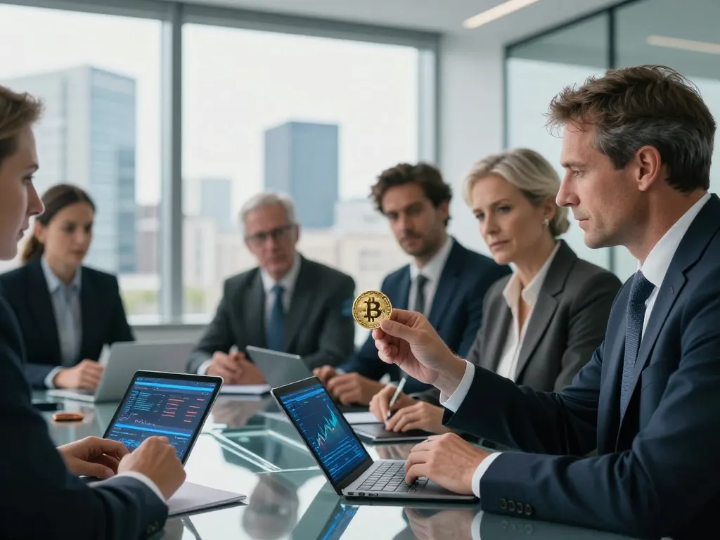 Des investisseurs institutionnels européens analysant le Bitcoin Gold dans un bureau moderne pour les perspectives de 2025.