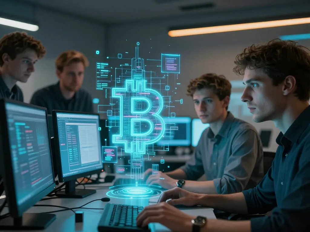 Groupe de développeurs caucasiens travaillant sur une visualisation holographique de la blockchain Bitcoin dans un laboratoire moderne.