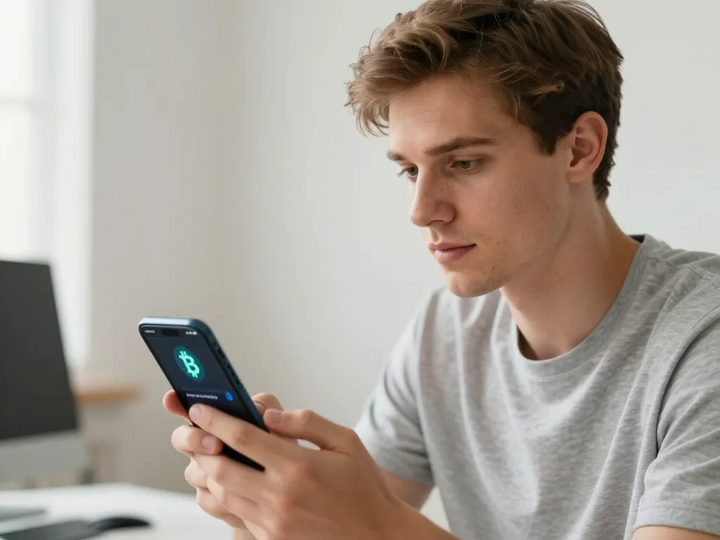 Un homme européen utilisant une application Bitcoin sécurisée sur son smartphone dans un bureau moderne.