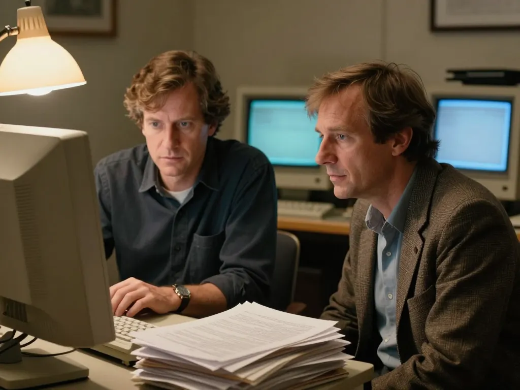 Portrait réaliste de Hal Finney et Nick Szabo en pleine discussion technique dans un bureau d'informatique vintage.