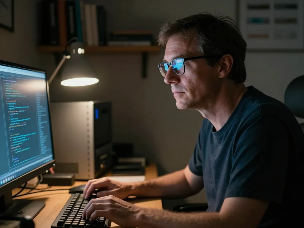 Portrait réaliste de Hal Finney, un homme caucasien aux traits nets, travaillant sur du code informatique dans son bureau pour illustrer les suspects de Satoshi Nakamoto.