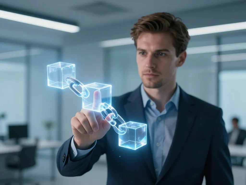 Un professionnel européen présentant une chaîne de blocs numérique en 3D pour illustrer le concept de blockchain.