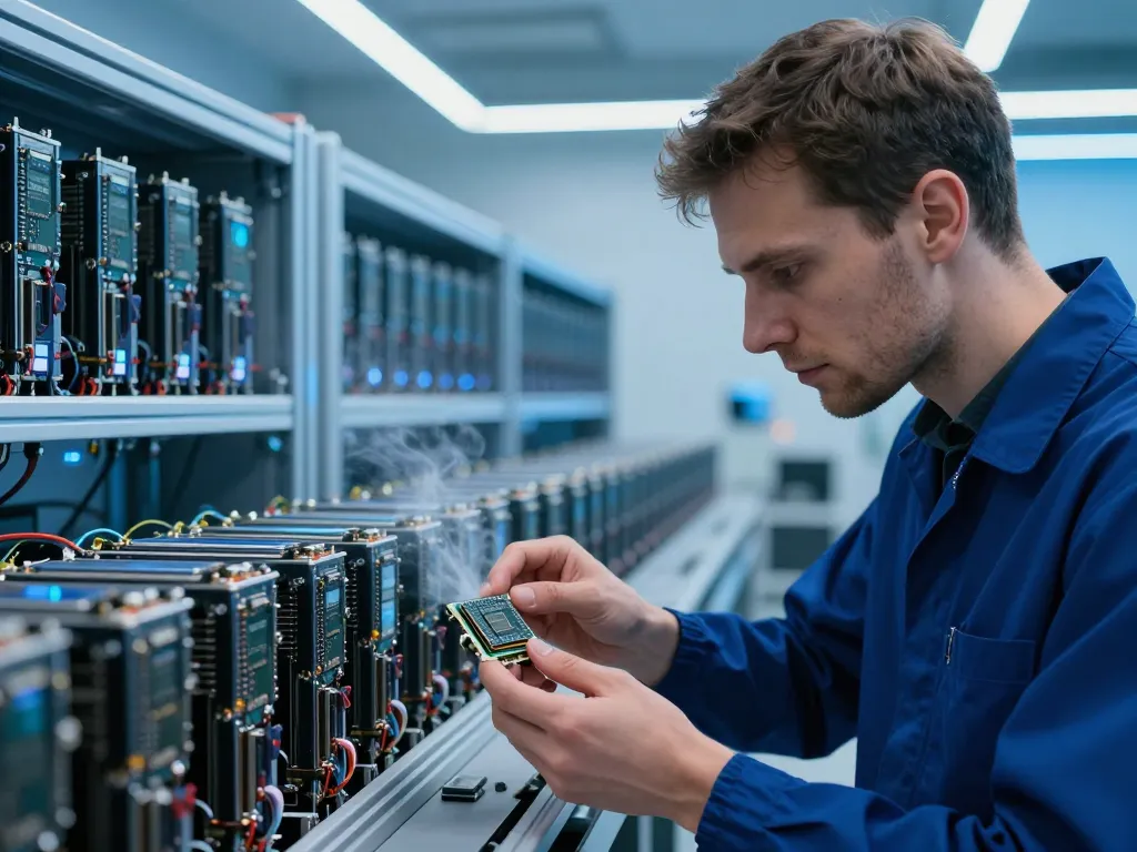 Technicien européen inspectant du matériel de minage Bitcoin de pointe dans une ferme de serveurs moderne.