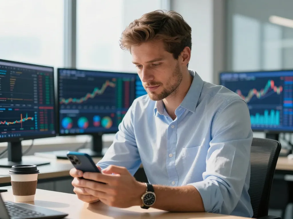 Investisseur crypto caucasien analysant des graphiques Bitcoin en temps réel sur plusieurs écrans dans un bureau moderne pour maximiser ses gains financiers.