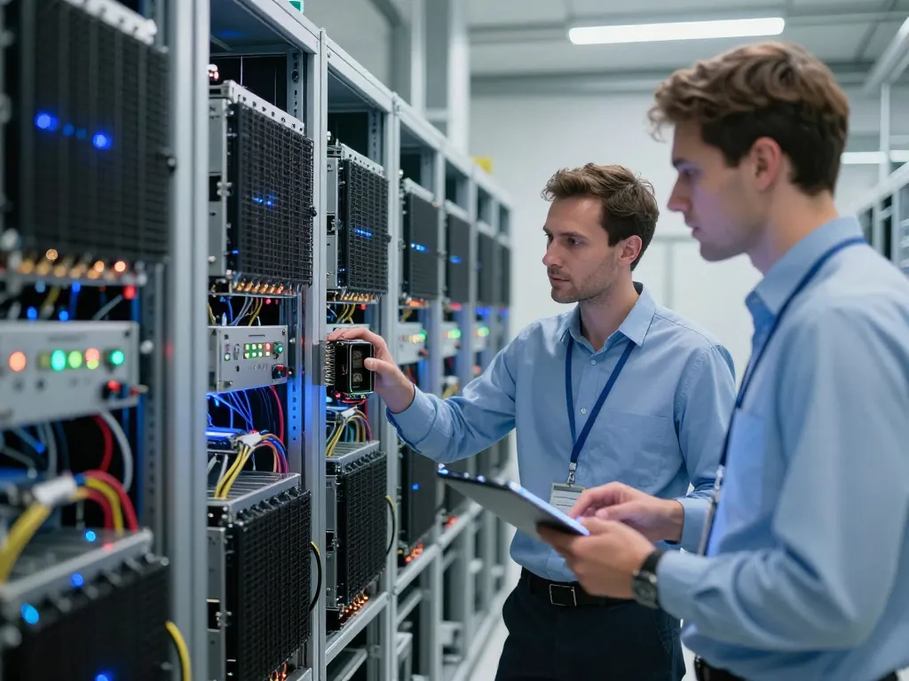 Deux ingénieurs caucasiens inspectant du matériel de minage professionnel ASIC dans un centre de données moderne.