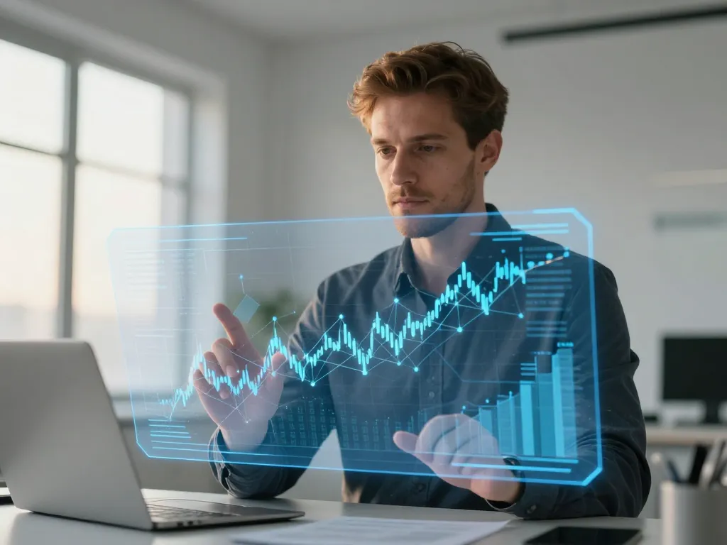 Un expert caucasien analysant des signaux de finance décentralisée sur une interface holographique dans un bureau moderne.