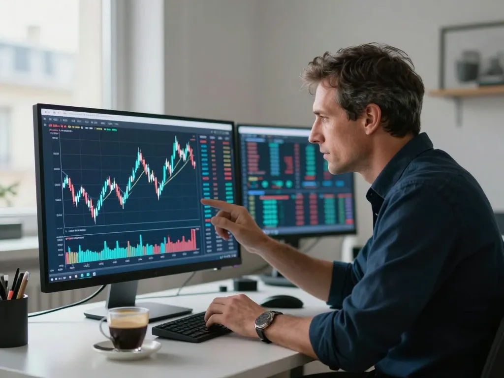Marc, un analyste financier européen, observe attentivement les graphiques du cours du Bitcoin dans un bureau moderne.