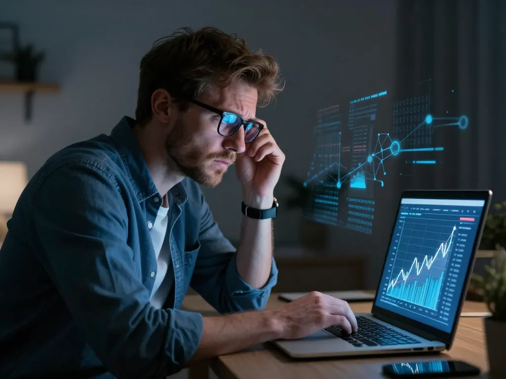 Un homme caucasien d'origine européenne inquiet devant son ordinateur illustrant le mécanisme d'une fraude aux faux placements financiers et la menace cybernétique.