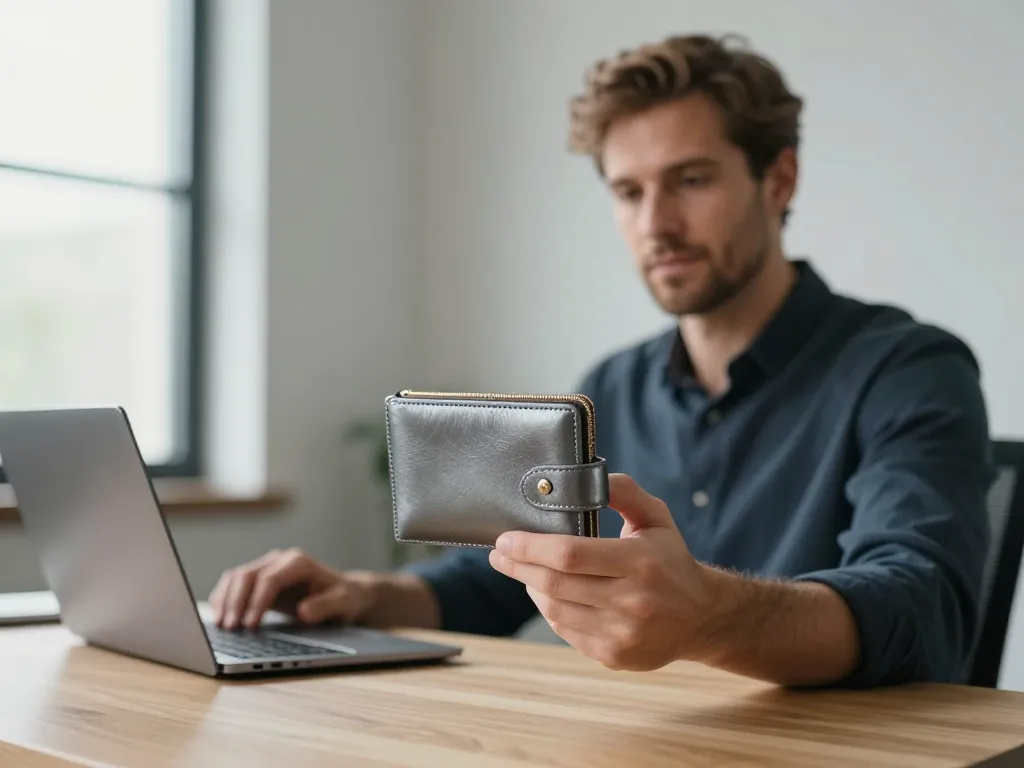Un homme caucasien tenant un portefeuille Bitcoin physique haut de gamme pour protéger son épargne en cryptomonnaie.