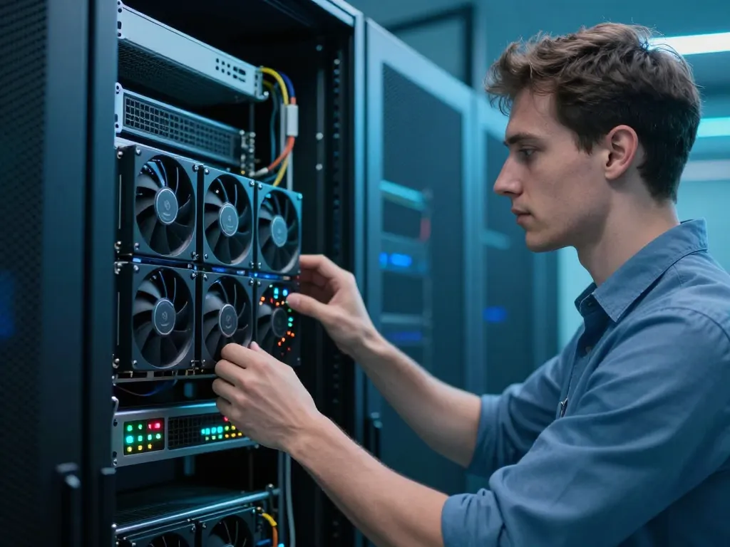 Un homme européen expert en cryptomonnaie supervisant des machines de minage Bitcoin dans un centre de données ultra-moderne.