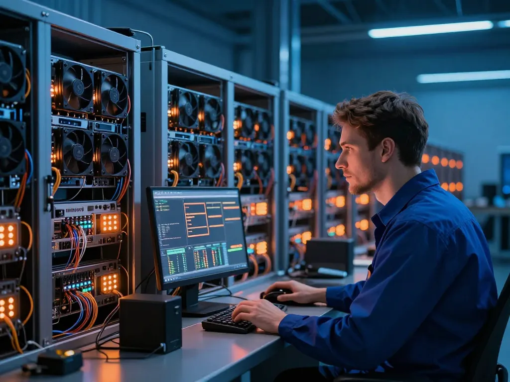Comparaison visuelle entre le minage de cryptomonnaie individuel et une ferme de minage industrielle à grande échelle en 2026.