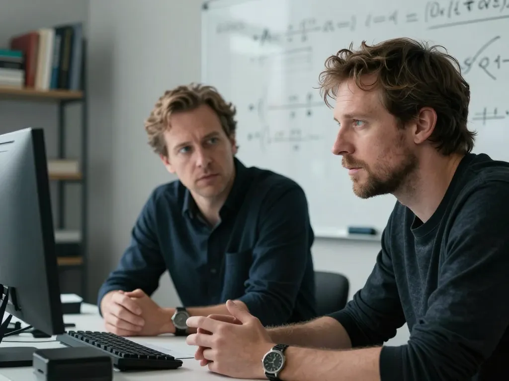 Portraits réalistes de Nick Szabo et Craig Wright, candidats potentiels à l'identité de Satoshi Nakamoto, dans un décor de bureau technologique.