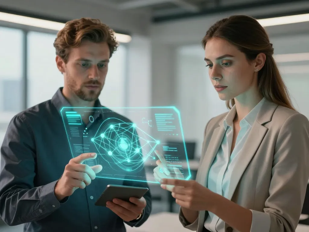 Deux professionnels caucasiens interagissant avec une interface holographique de synchronisation de contacts pour la cryptomonnaie.