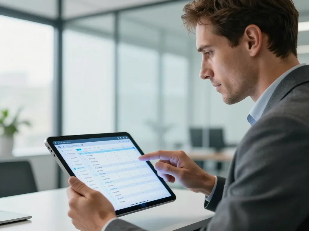 Un professionnel caucasien gérant efficacement son répertoire de contacts sur une tablette dans un bureau moderne de cryptomonnaie.