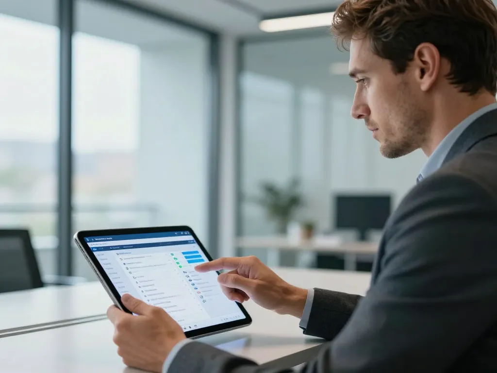 Un professionnel caucasien utilisant une interface numérique moderne pour gérer son répertoire de contacts cryptos dans un bureau lumineux.