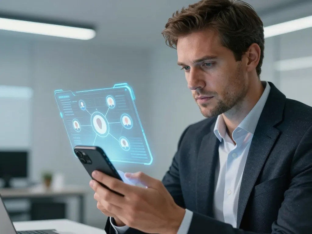 Un professionnel caucasien gérant son répertoire de contacts sur une interface numérique fluide et moderne.