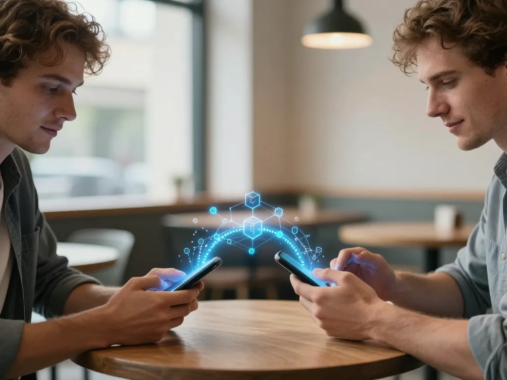 Illustration d'une transaction Bitcoin de pair à pair entre deux personnes avec une visualisation de la blockchain.