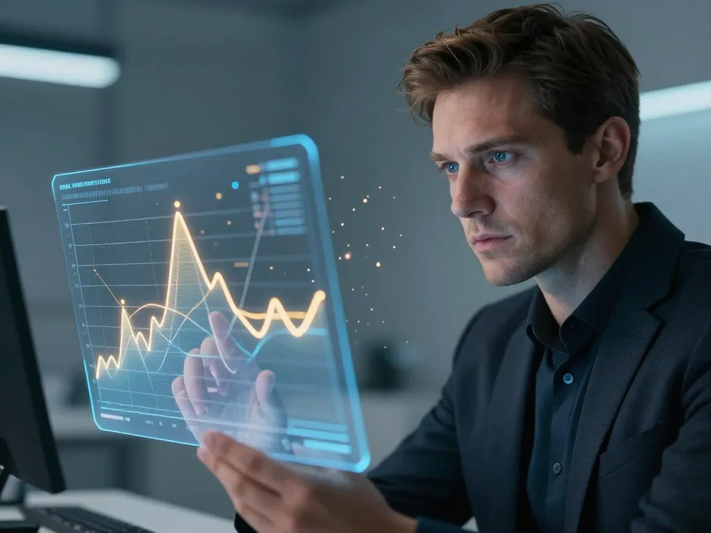 Un analyste européen observant un graphique holographique 3D illustrant la rareté mathématique du Bitcoin.