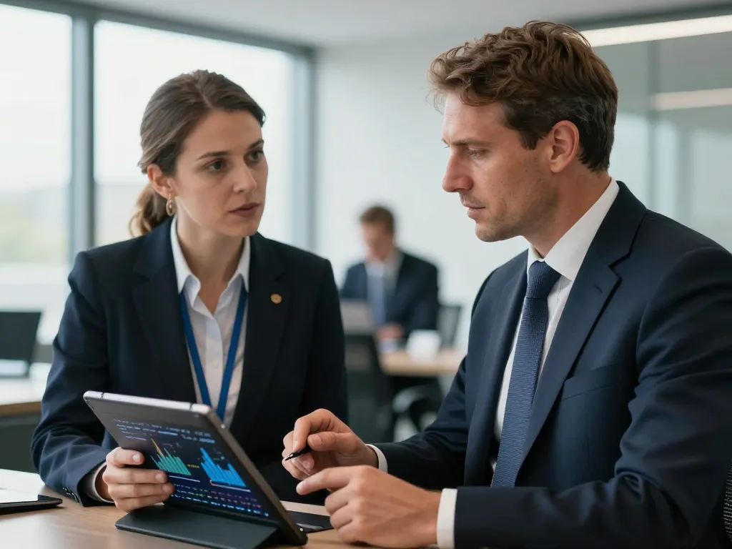 Deux experts européens caucasiens en costume discutant de la régulation du Bitcoin dans un bureau moderne devant une tablette numérique.