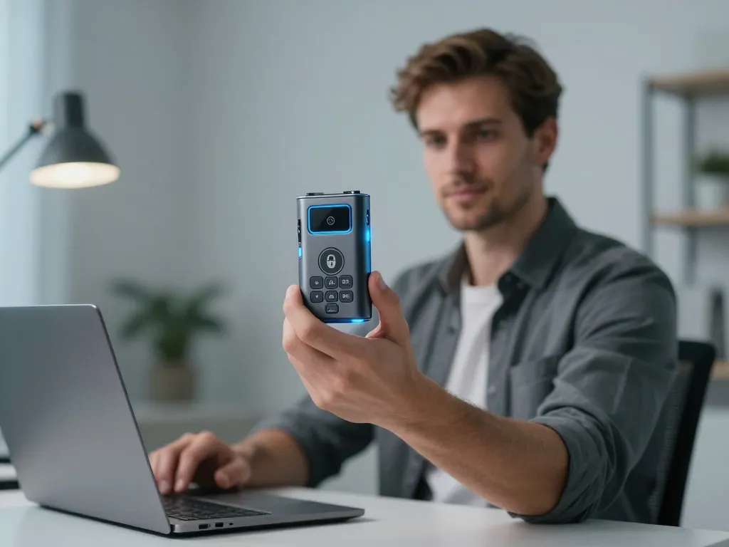 Un homme caucasien tenant un hardware wallet bitcoin pour sécuriser son patrimoine cryptomonnaie dans un bureau moderne.
