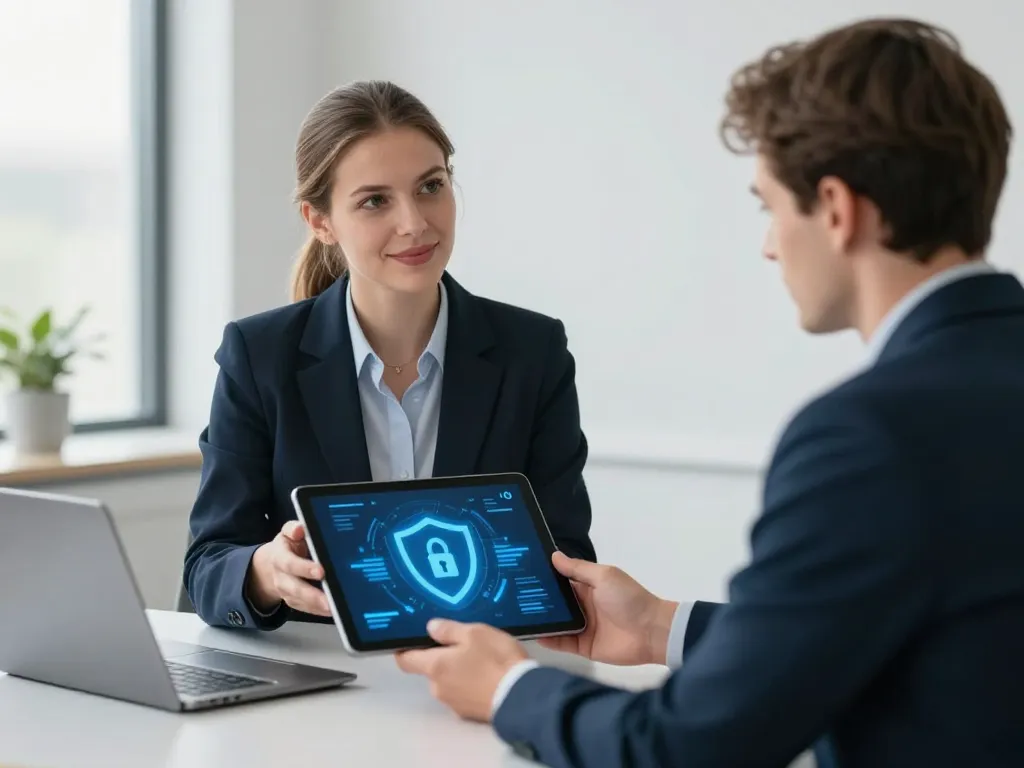 Conseillère financière européenne expliquant la sécurité de niveau bancaire et l'agrément PSAN à un client dans un bureau moderne.