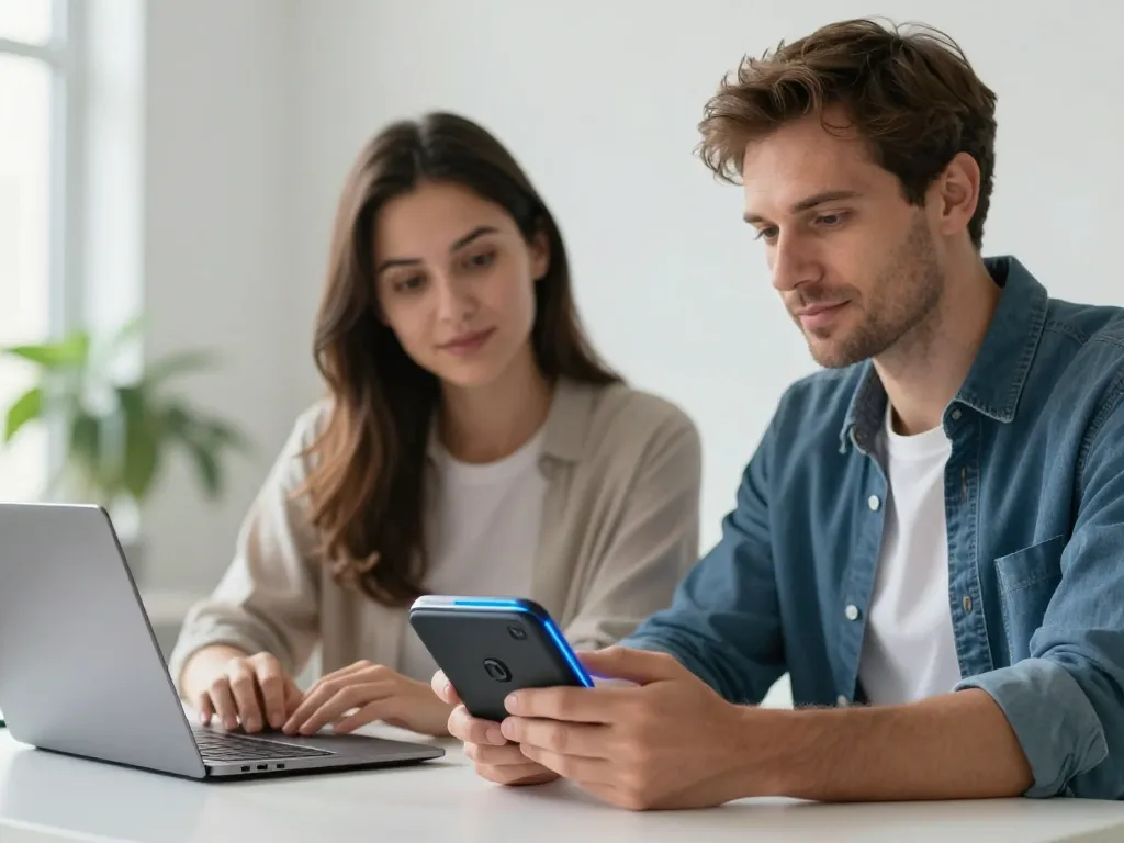 Un couple européen serein utilisant un portefeuille matériel sécurisé pour protéger leurs Bitcoins dans un bureau moderne.