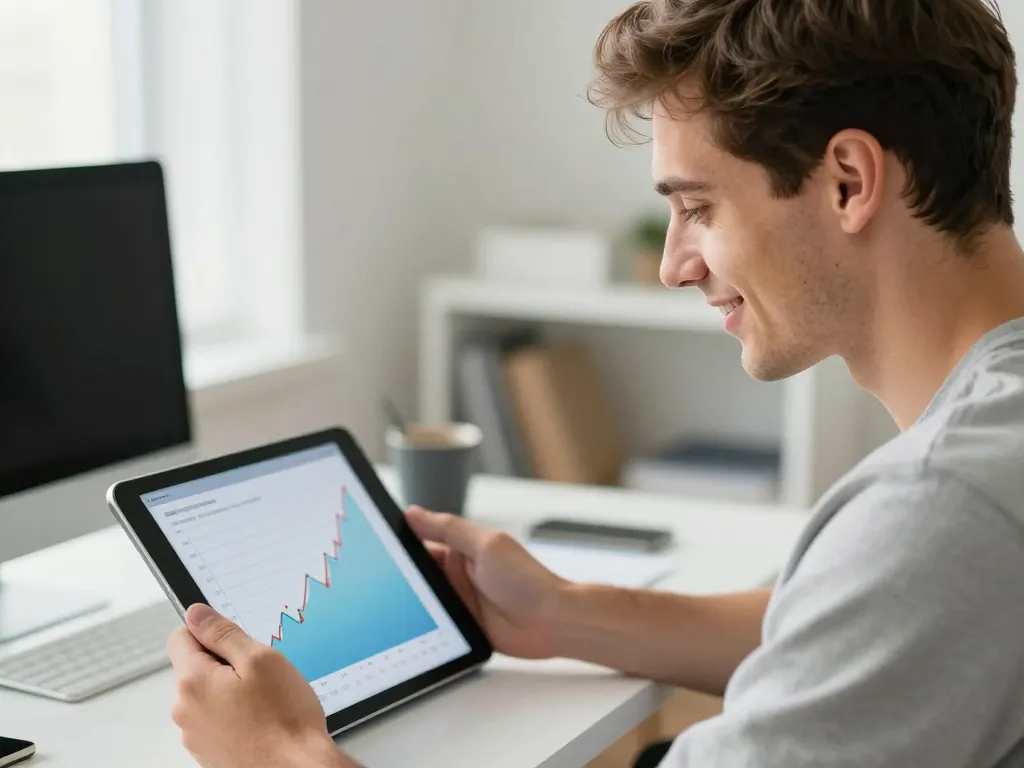 Homme caucasien souriant utilisant un simulateur de performance Bitcoin sur une tablette numérique dans un bureau moderne.