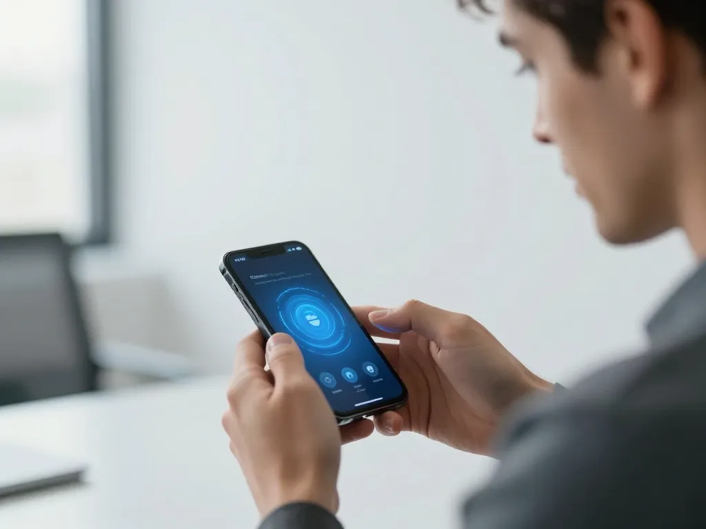 Homme caucasien utilisant son smartphone pour la synchronisation de contacts et la récupération de compte sécurisée.