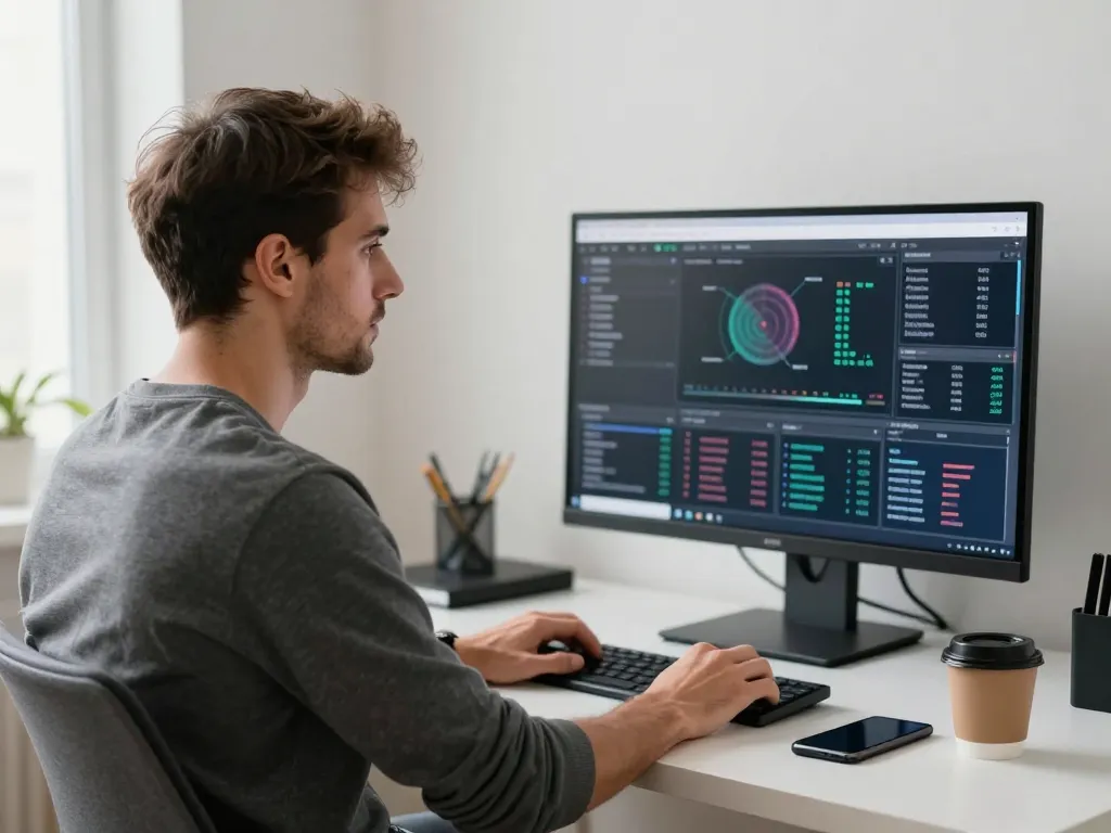 Un investisseur européen serein devant son tableau de bord de trading illustrant la transparence des frais de bitcoin.